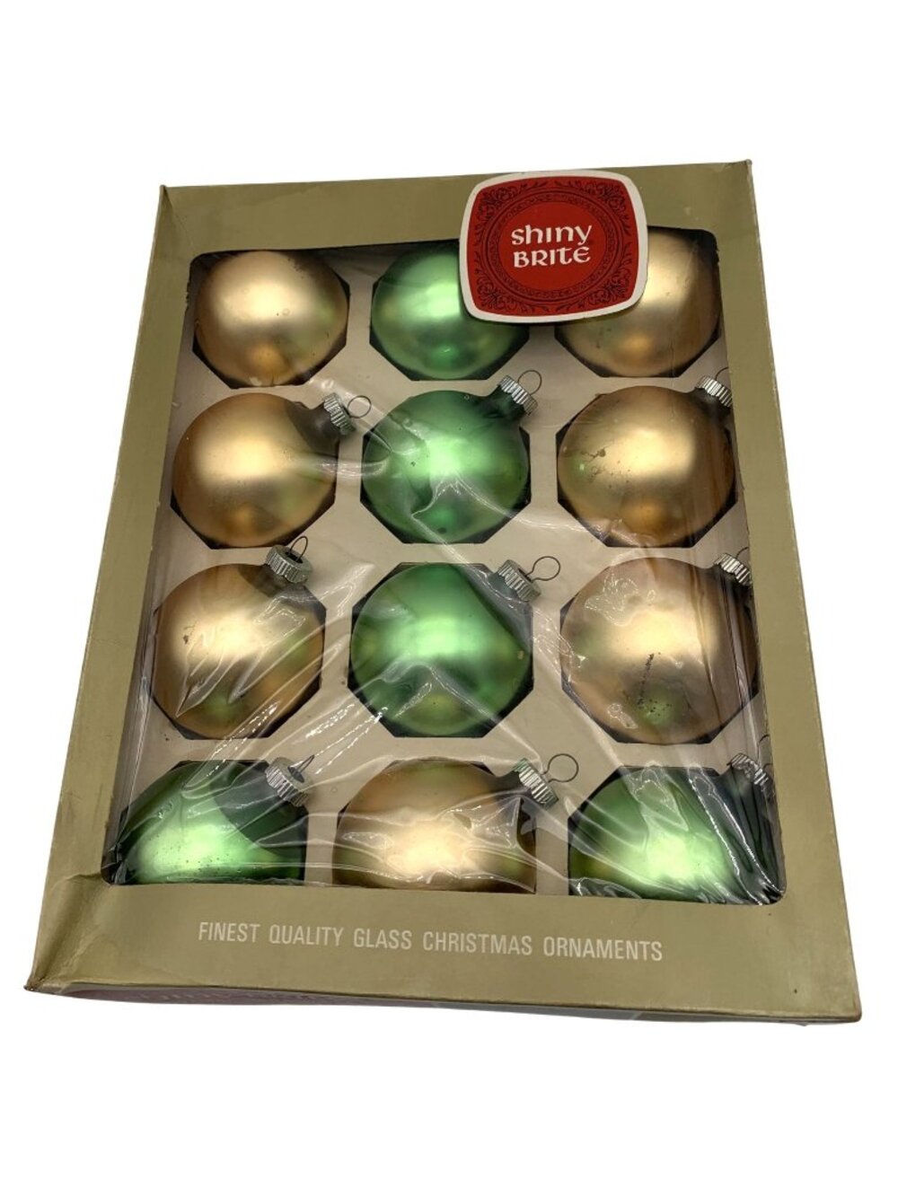 Vintage 12 Shiny Brite Gold & Green Glass Christmas Ornaments 1960s Original Box